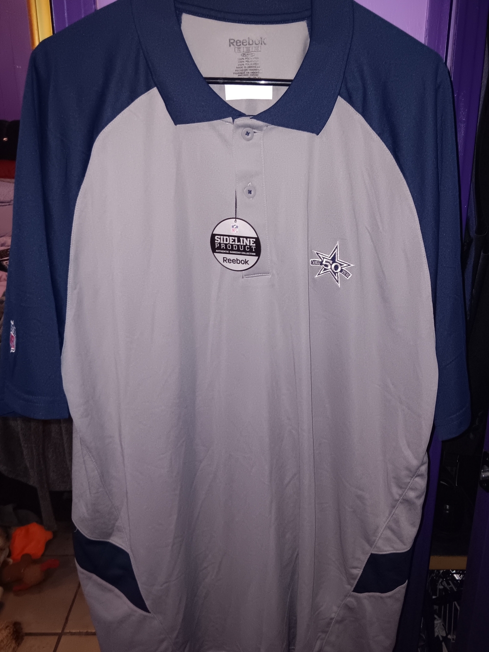 Dallas Cowboys 50th Ann.Reebok Men’s Gray and Navy Raglan Polo with Star Logo